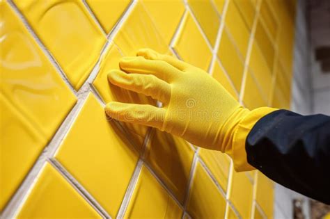 Hands of the Tiler are Laying Yellow Ceramic Tile on the Wall. Ai ...