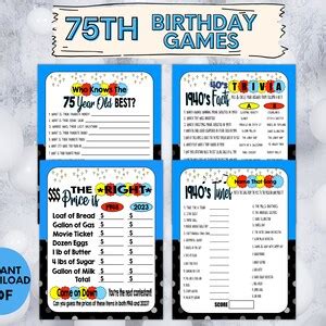 Printable 75th Birthday Party Games Adult 75th Bday Activities 1940s ...