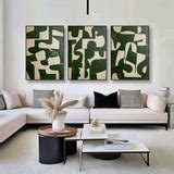 Green and Beige Minimalist Art 3 Piece Set Wabi-Sabi Wall Art Green and Beige Canvas Oil Paintings