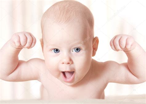 Strong Baby Laughing, Hands raised up. Smiling Child Face — Stock Photo © inarik #6597429