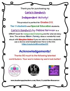 Carla's Sandwich Comprehension Questions by Crystal Bee Resources