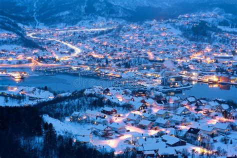 Aerial View of Harstad City the Small Harbour of Norwegian at Twilight in Winter Season, Norway ...