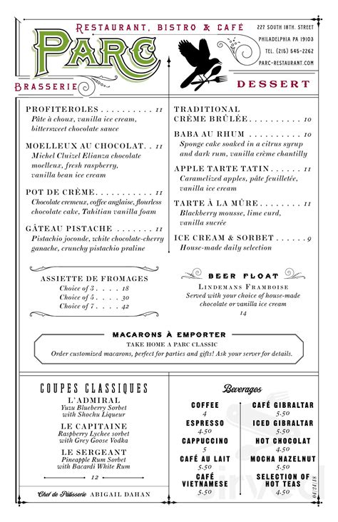 Parc menu in Philadelphia, Pennsylvania, USA