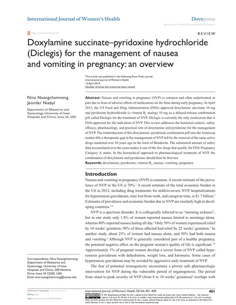 (PDF) Doxylamine succinate-pyridoxine hydrochloride (Diclegis) for the management of nausea and ...