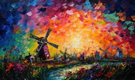 Premium Photo | A painting of a windmill with a sunset in the background.