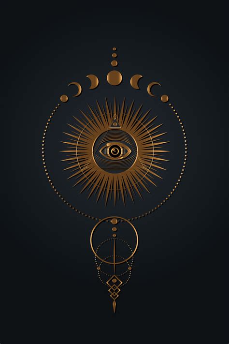 Gold Mystical third eye, phases of the moon on black background. Sacred Masonic All Seeing eye ...