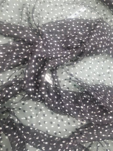 Polka Dots White and Black Color on Black Silk Chiffon Fabric ...