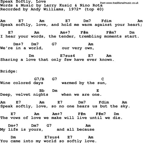 Song lyrics with guitar chords for Speak Softly, Love - Andy Williams, 1972