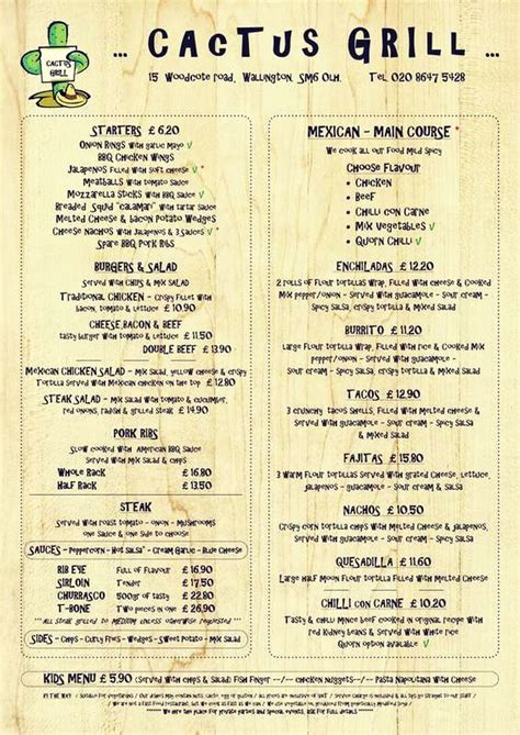 Menu - Cactus Grill Bar Restaurant