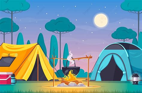 Composition De Camping Avec Deux Tentes Fire Cool Box Sur Fond Darbres Et Illustration ...