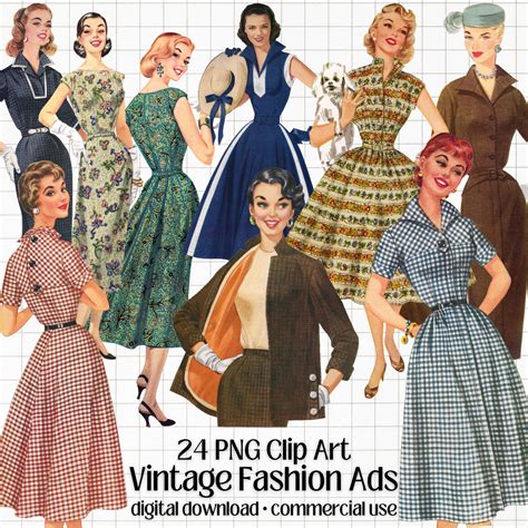 Vintage Fashion Clipart 1950s Retro Dress Print Ads Digital Download PNG With Transparent ...