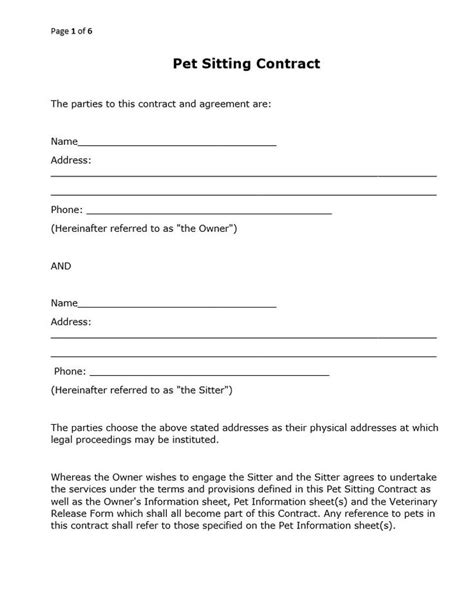 Free printable "Pet Sitting Contract". Printer-friendly, black&white format. | Pet sitting ...