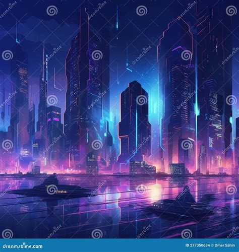 Futuristic City at Night with Neon Lights Stock Illustration ...