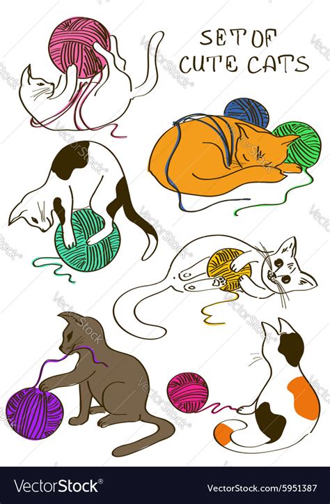 Set of isolated doodle funny cats playing ball of yarn. Download a Free ...