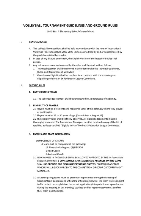 SK Federation league Ground Rules - VOLLEYBALL TOURNAMENT GUIDELINES AND GROUND RULES Cadiz East ...