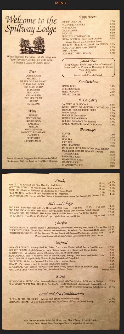 Spillway Lodge menu in Clarksville, Ohio, USA