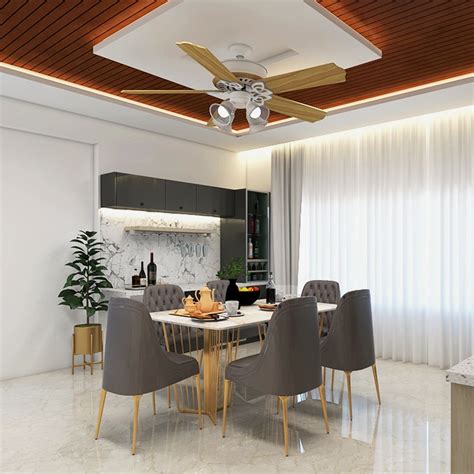 Wooden Ceiling 6-Seater Modern Dining Room Design with Crockery Unit | Livspace