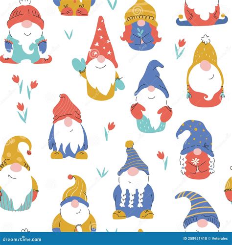 Seamless Vector Pattern with Cute Hand-drawn Dwarf Cartoon Characters on White Background Stock ...