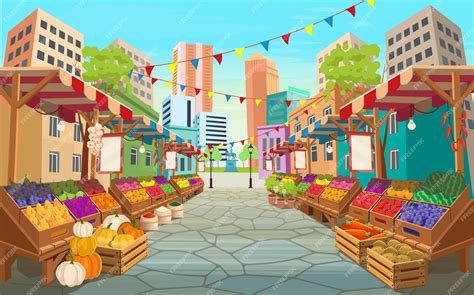 Premium Vector | Organic food market street. Food market stalls with ...