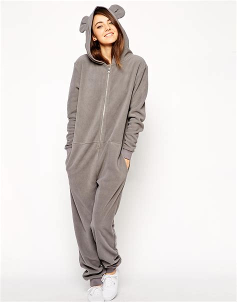 Asos Cosy Fleece Onesie With Hood And Ears in Gray | Lyst