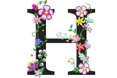 Floral letter H garden flag monogram lace swirl flowers block font and mini Font machine ...