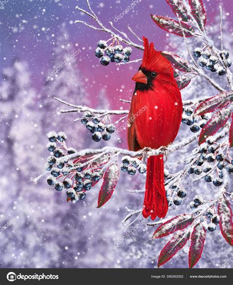 Winter Christmas Background Red Cardinal Bird Sits Snowy Branches ...