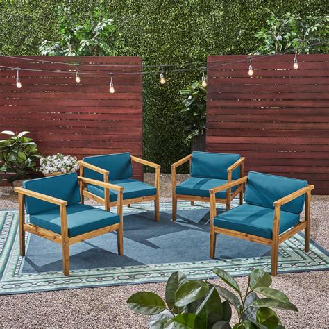 Newbury Outdoor Acacia Wood Club Chairs with Cushions, Set of 4, Teak, Dark Teal - Walmart.com