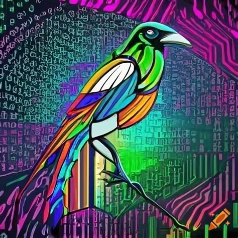 Business logo with psychedelic magpie on hacker code background