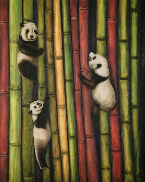 Pandas Climbing Bamboo Painting by Leah Saulnier | Saatchi Art