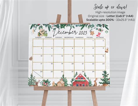 December 2023 Calendar, Beautiful Winter Scene with Leaves & Snow, Whi ...