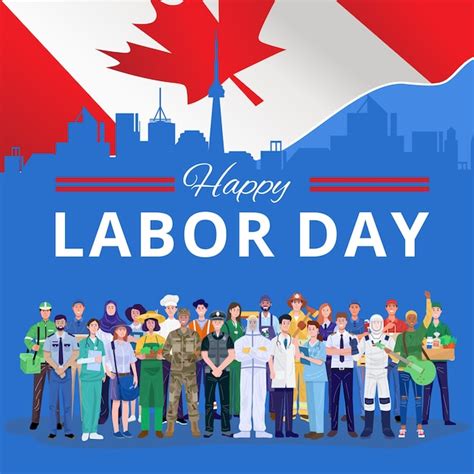 Premium Vector | Happy labor day. various occupations people standing with canada flag.