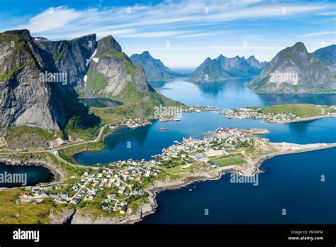 Reine Lofoten Norway, aerial view of Norwegian traditional fishing village above polar circle ...