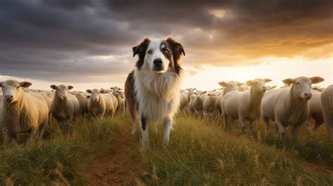 A proud and confident Australian Shepherd herding a flock of sheep on a rolling green hillside ...