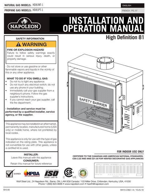 NAPOLEON HIGH DEFINITION 81 SERIES INSTALLATION AND OPERATION MANUAL ...