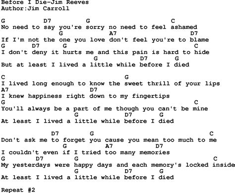 Country Music:Before I Die-Jim Reeves Lyrics and Chords