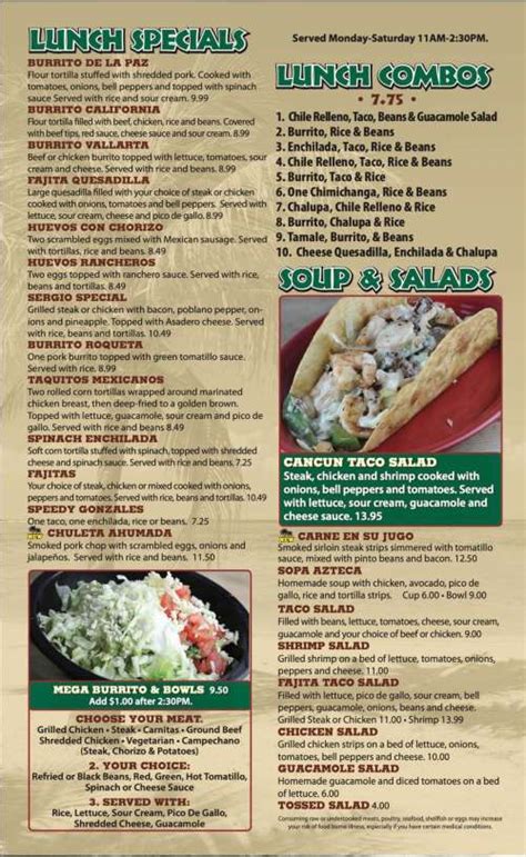 Cancun Mexican Restaurant menu in Ottawa, Ohio, USA