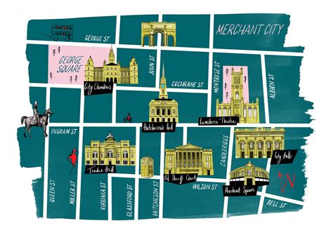 Illustrated map of Glasgow Merchant City — Nebo Peklo