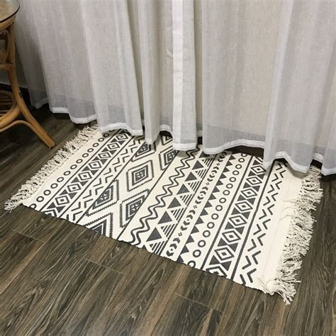 Black and White Handmade Tassel Rug and Mat Cotton and Linen Geometric Design Woven Mat Bathroom ...