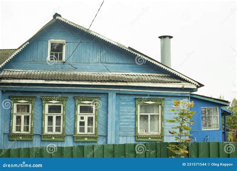 Country House in Russia. Blue Wooden House. Rural Life Stock Photo ...