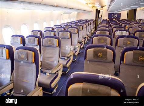 Sofia, Bulgaria - October 16, 2016: The inside of Lufthansa Airbus A380 airplane. The Airbus ...