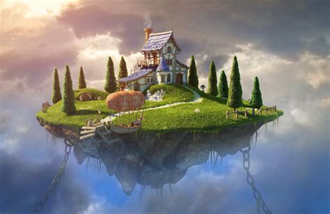 fantasy Art, Digital Art, House, Trees, Chains, Zeppelin, Rock, Clouds, Floating Island ...