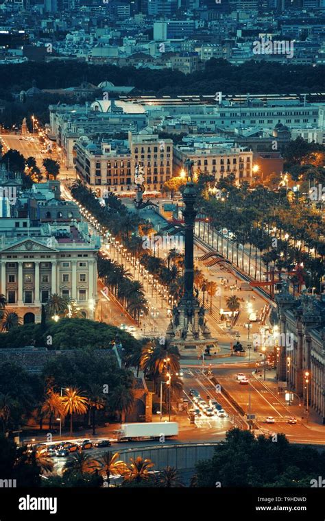 Barcelona night view with The Monument of Christopher Columbus in Spain ...