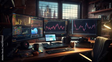 The trader's sophisticated workstation with multiple widescreen ...