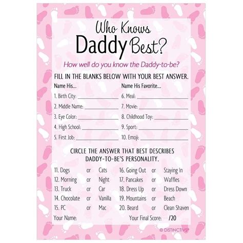 Who Knows Daddy Best Baby Shower Game - 20 Cards (It's a Girl) | Baby ...