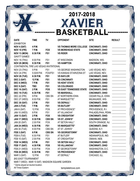 Printable 2017-2018 Xavier Musketeers Basketball Schedule