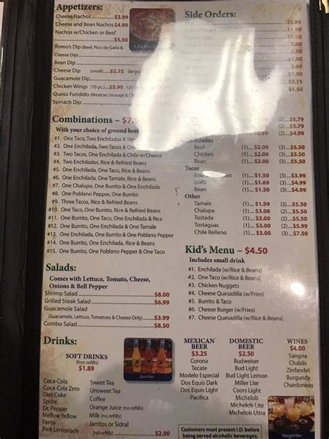 Menu of Romo's Mexican Restaurant and Cantina in Crossville, TN 38555