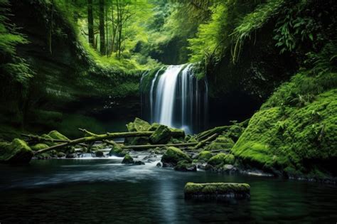 Premium AI Image | A serene waterfall in a lush green forest