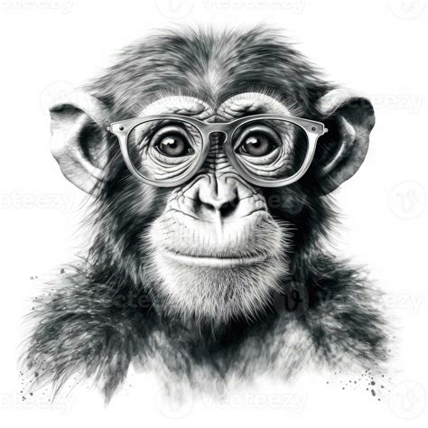 Monkey Reading Glasses in Impressionistic Blackwork Style on White ...