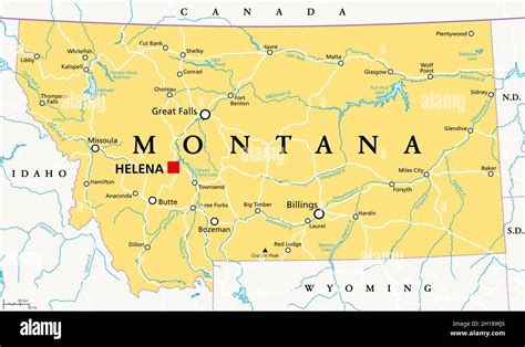 Montana, MT, political map with the capital Helena. State in the Mountain West subregion of the ...