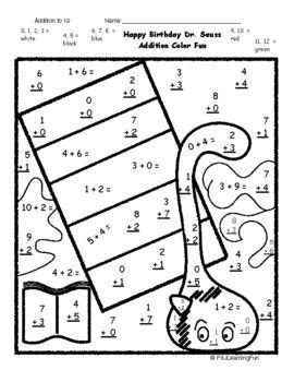 Color Fun Addition to 12 Worksheet for Dr. Seuss' Birthday